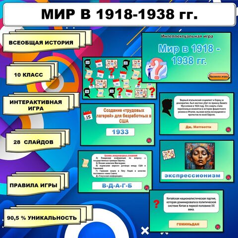 Интерактивная игра по теме «Мир в 1918-1938 гг.». Повторительно-обобщающее занятие. // Учебник. Авт. Мединский В.Р., Чубарьян А.О. Соответствует ФРП СОО. История. Базовый уровень. 10 класс.