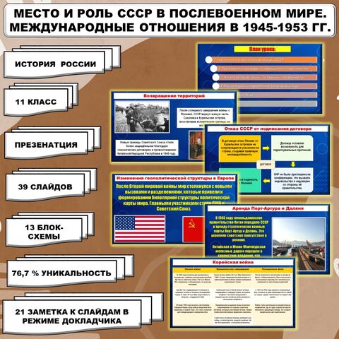 Презентация по теме « Место и роль СССР в послевоенном мире. Внешняя политика СССР в 1945-1953 гг.» // Учебник. Авт. Мединский В.Р., Торкунов А.В., Соответствует ФРП СОО. История России 1945 год – начало XXI века. Базовый уровень. 11 класс.