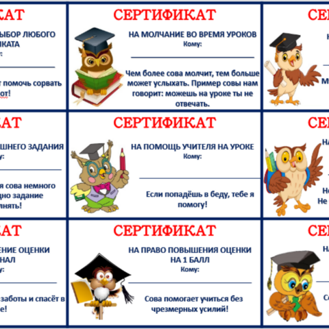 Подарочные сертификаты для мотивации учащихся.
