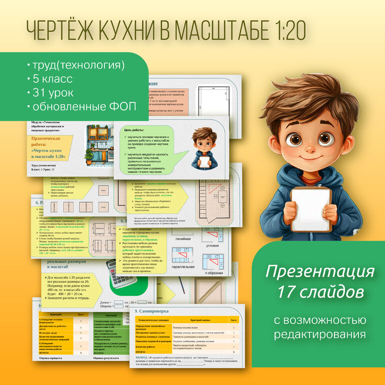 Практическая работа: «Чертеж кухни в масштабе 1:20» - Презентация - Труд (технология) - Урок 31 - Класс 5