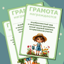 Грамота за добросовестный труд при прохождении летней трудовой практики на пришкольном участке