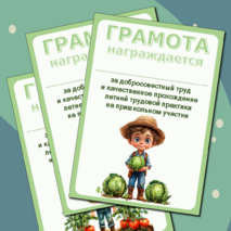 Грамота за добросовестный труд при прохождении летней трудовой практики на пришкольном участке