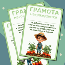Грамота за добросовестный труд при прохождении летней трудовой практики на пришкольном участке