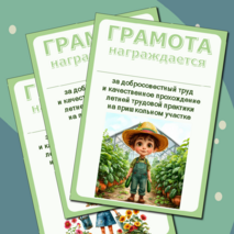 Грамота за добросовестный труд при прохождении летней трудовой практики на пришкольном участке