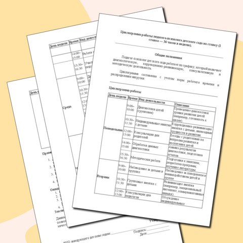 Циклограмма работы педагога-психолога детского сада на ставку (1 ставка — 36 часов в неделю)