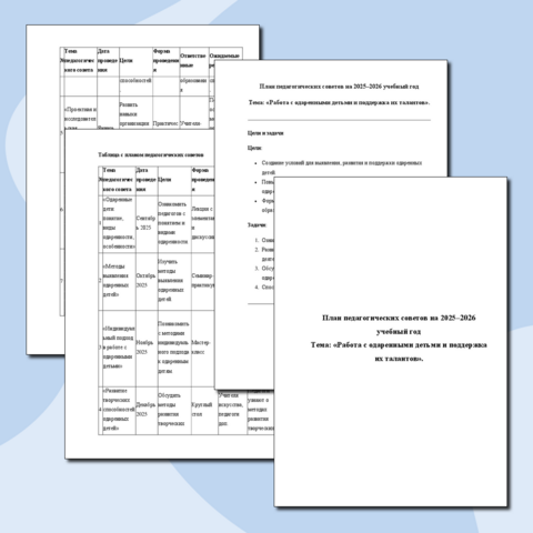 План педагогических советов на 2025–2026 учебный год Тема: «Работа с одаренными детьми и поддержка их талантов».