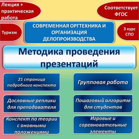 «Методика проведения презентаций». Лекция + практическая работа. Современная оргтехника и организация делопроизводства. Туризм. СПО