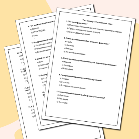 Тест к уроку на тему: "Фотосинтез". Биология 6 класс.