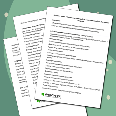 Основные режимы работы электронных таблиц. Построение диаграмм. Конспект по информатике(9 класс)+проверочная работа