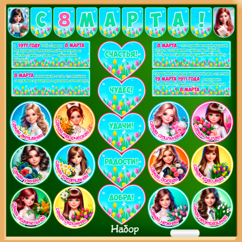 Международный женский день 8 марта, набор для оформления (флажки, сердечки, информация о празднике, медали, вклейки в дневник)