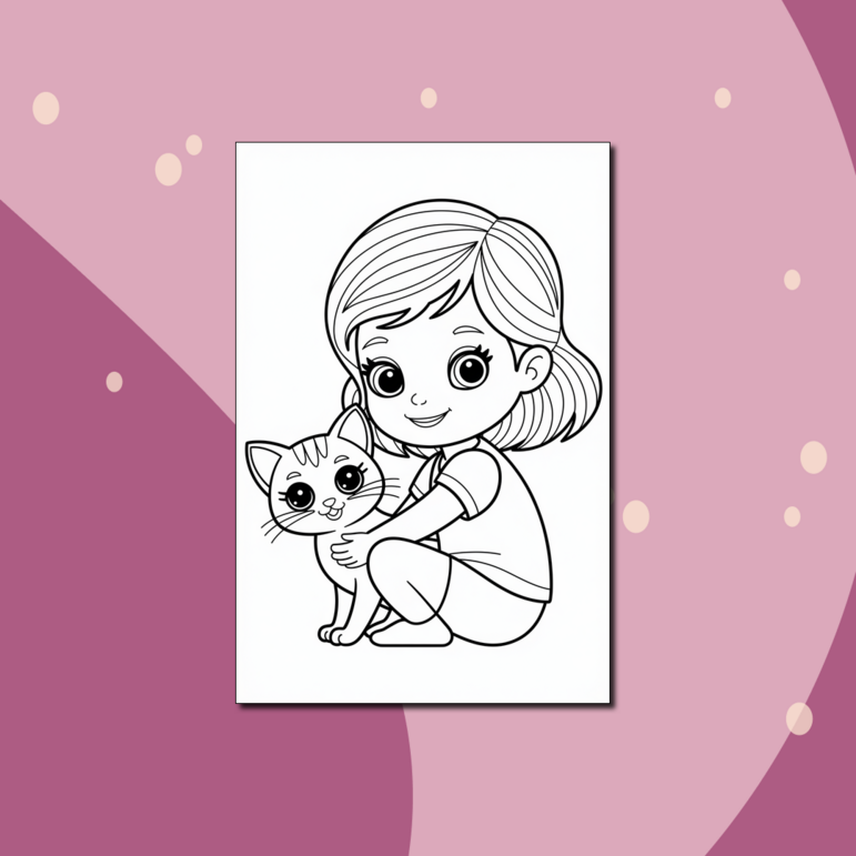 Девочка с милым котиком. Привлекательная раскраска для детей ...