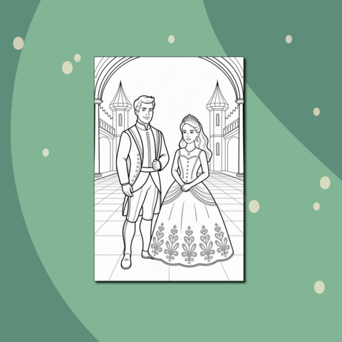 Принц и принцесса в красивом зале – красивая раскраска для творчества