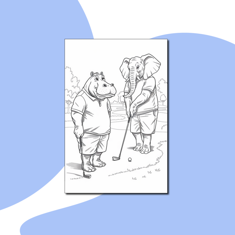 Игра в гольф. Раскраска о друзьях – слон и бегемот