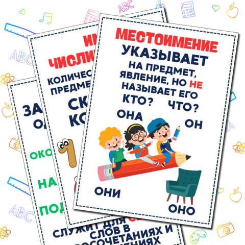 Наглядный материал на доску: наречие, предлог, имя числительное, местоимение.