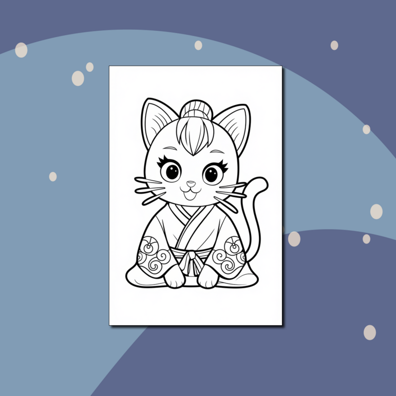 Кошка в кимоно. Несложная раскраска | распечатать детские раскраски ...