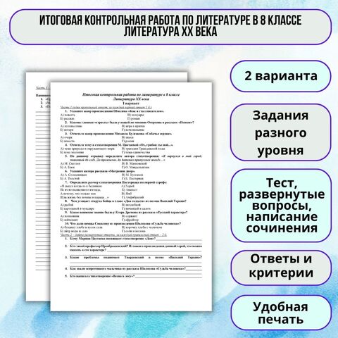 Итоговая контрольная работа по литературе в 8 классе: 