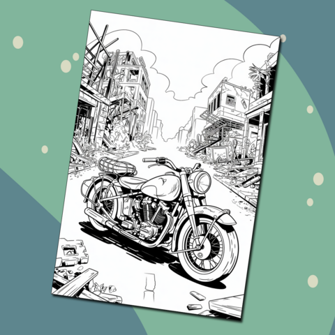 Графичная раскраска. Боевой мотоцикл среди разрушений