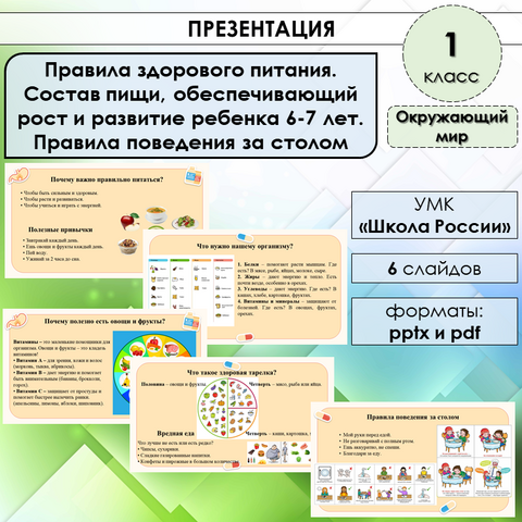 Презентация «Правила здорового питания. Состав пищи, обеспечивающий рост и развитие ребенка 6-7 лет. Правила поведения за столом» по окружающему миру в 1 классе