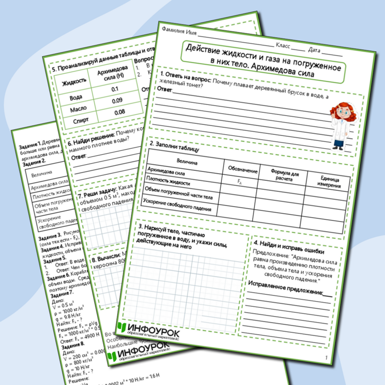 Рабочий лист по физике для 7 класса Тема: Действие жидкости и газа на погруженное в них тело. Архимедова сила