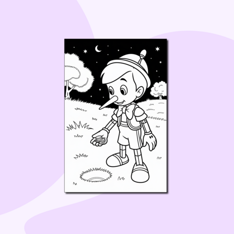 Пиноккио на поле Чудес – раскраска с сюжетом из сказки