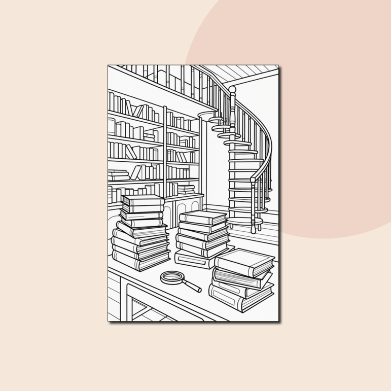 Library Sketsa Библиотека с винтовой лестницей. Раскраска для детей и взрослых ...