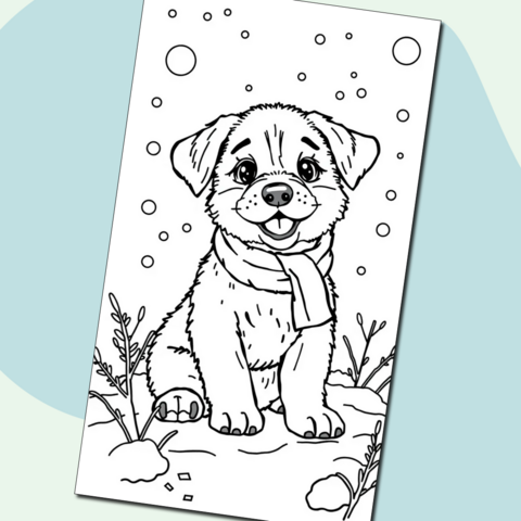 Щенок и его зимние забавы — раскраска для зимних игр