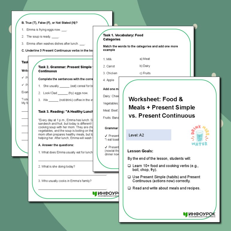 Рабочий лист "Food & Meals + Present Simple vs. Present Continuous" (A2)