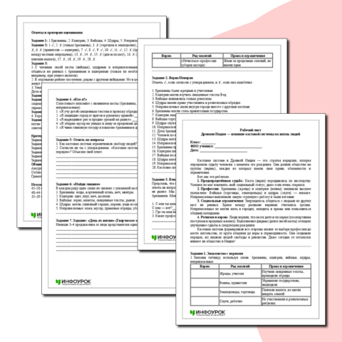 Рабочий лист: «Древняя Индия: как кастовая система влияла на жизнь людей» (с ответами)