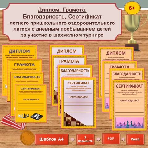 Диплом, Грамота, Благодарность, Сертификат за участие в шахматном турнире (школьный летний лагерь)