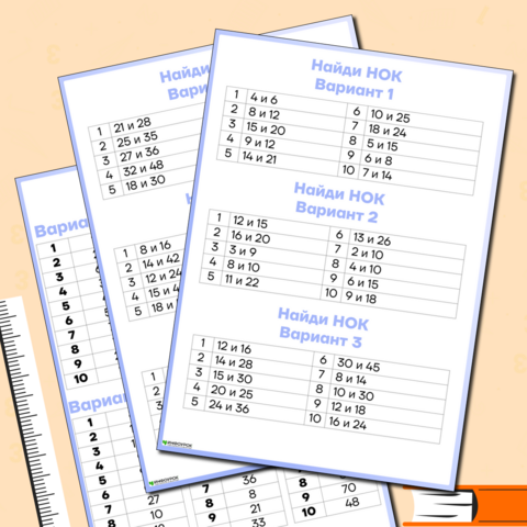 Карточки-пятиминутки по математике для отработки темы «Нахождение НОК» для 5 класса
