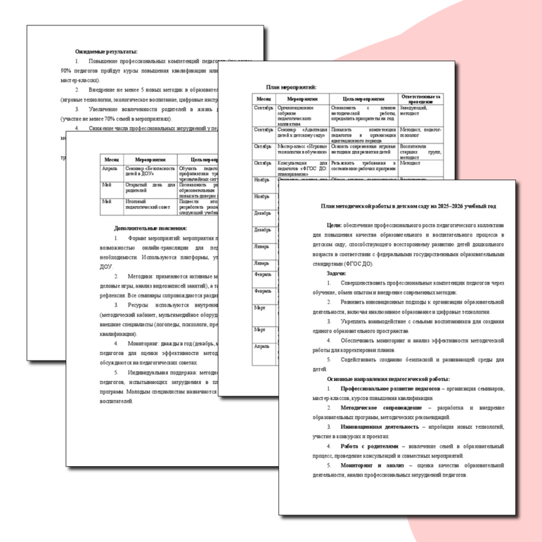План методической работы в детском саду на 2025–2026 учебный год
