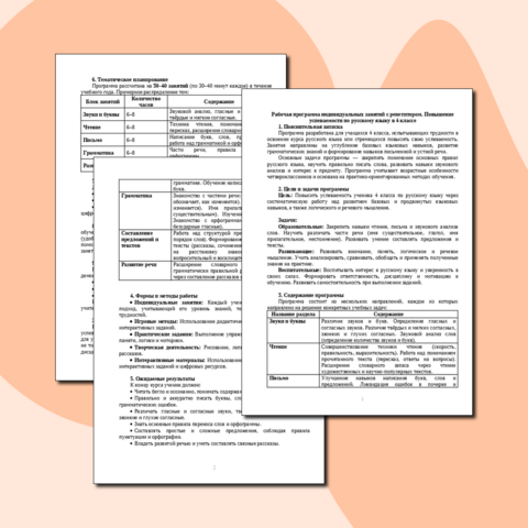 Рабочая программа индивидуальных занятий с репетитором. Повышение успеваемости по русскому языку в 4 классе
