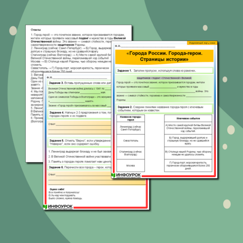 Рабочий лист по окружающему миру «Города России. Города-герои. Страницы истории»