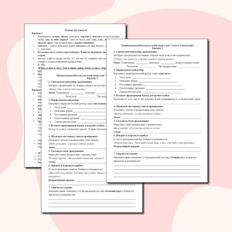 Контрольная работа по русскому языку (7 класс, 1 полугодие).