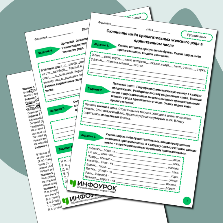 Рабочий лист по русскому языку: «Склонение имён прилагательных женского рода в единственном числе». 4 класс.
