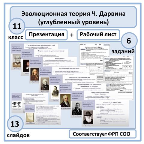 Комплект по биологии (презентация + рабочий лист) «Эволюционная теория Ч. Дарвина» 11 класс (углубленный уровень)