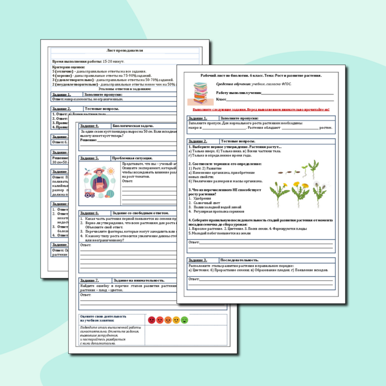 Рабочий лист по биологии. Тема: «Рост и развитие растения»