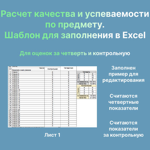 Таблица расчета качества знаний и успеваемости с формулами в Excel