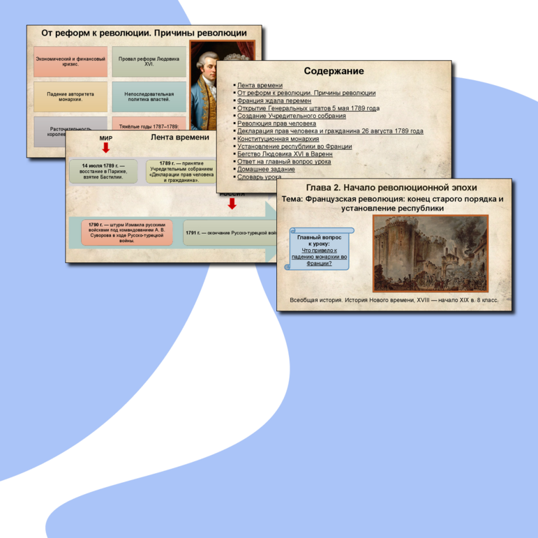 Презентация к уроку по всеобщей истории. История Нового времени. 8 класс. «Французская революция: конец старого порядка и установление республики».