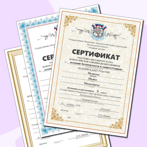 Сертификаты участников школьного этапа Всероссийской олимпиады школьников (редактируемые, подходит по всем предметам).