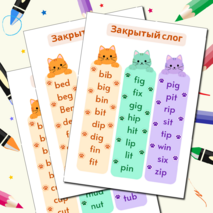 Закладки для чтения. Закрытый тип чтения с гласными a, e, i, o, u. Закрытый слог.