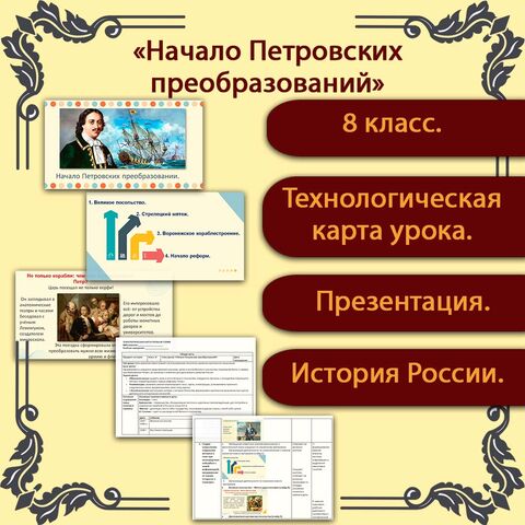 Комплект: презентация и технологическая карта урока: «Начало Петровских преобразований», история России, 8 класс (В.Р. Мединский, А.В. Торкунов).