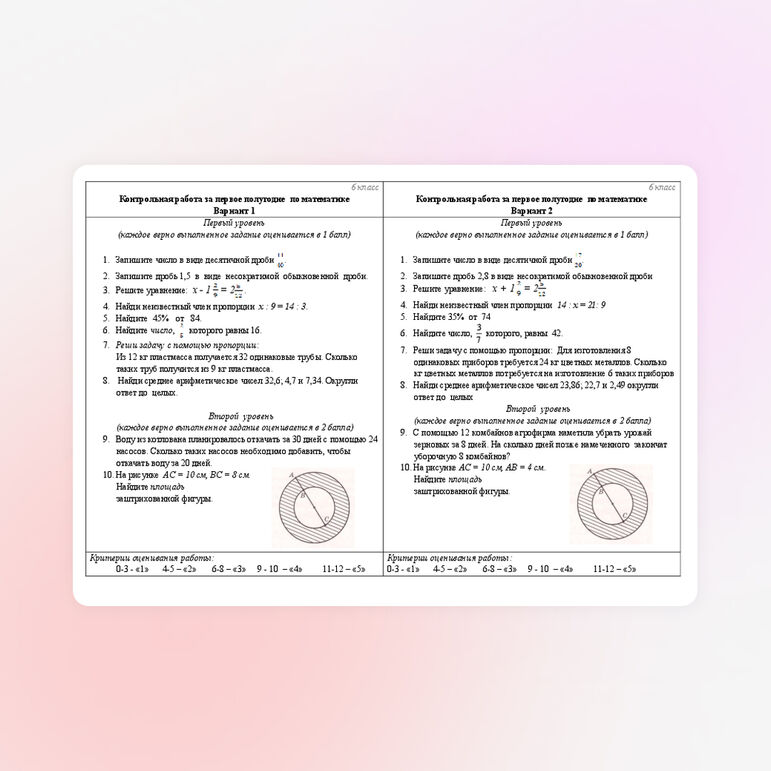 Контрольная работа по математике № 5 по итогам первого полугодия (6 класс)
