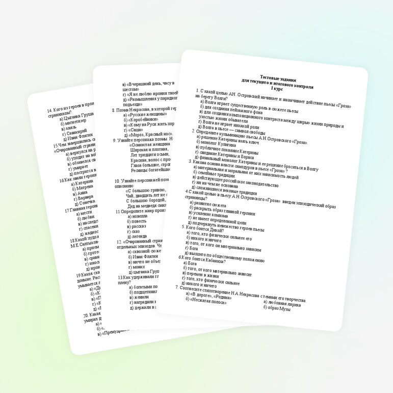 Тестовые задания по русской литературе для профессионального колледжа