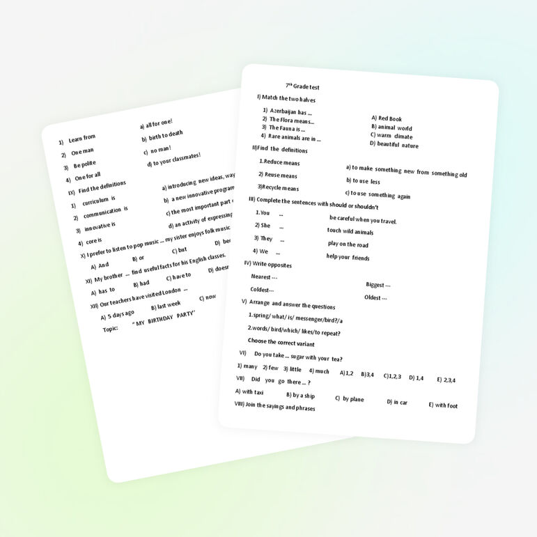 7 grade tests for the secondry school