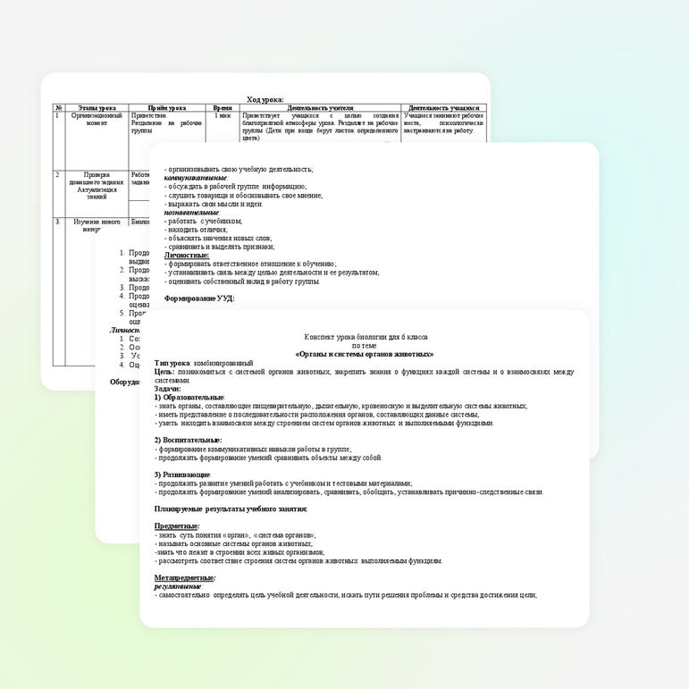 Урок биологии в 6 классе на тему: Органы и системы органов животных