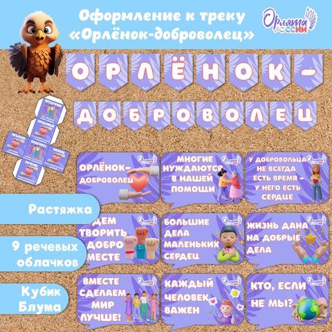 Оформление «Орлята России» (речевые облачка Орленок-доброволец, растяжка). Трек «Орлёнок-доброволец»