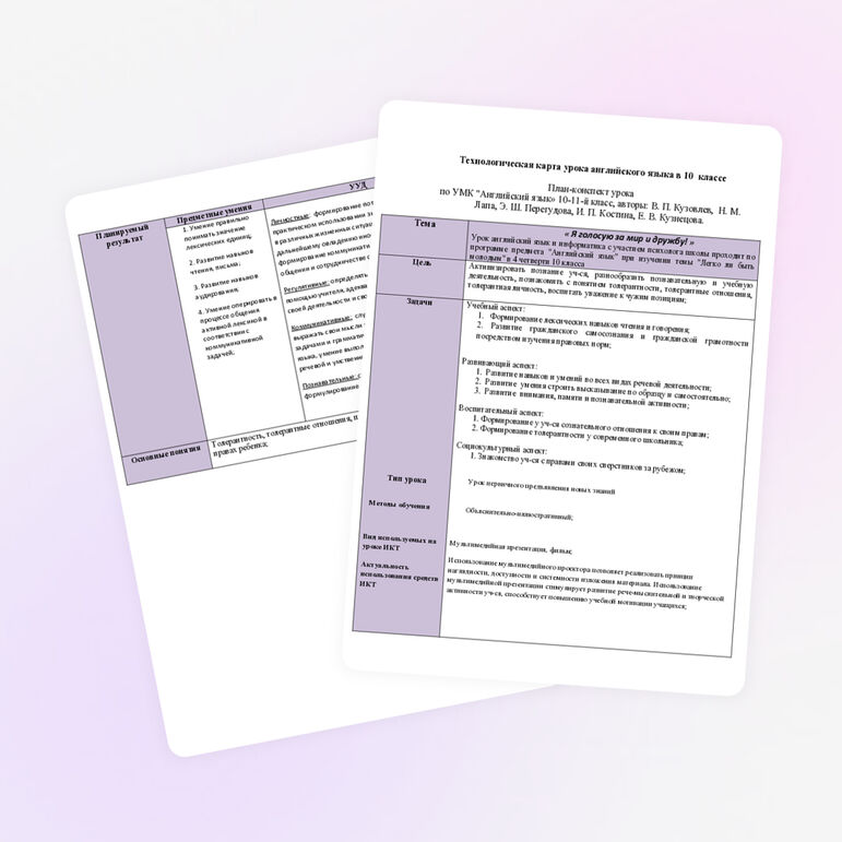 Технологическая карта урока английского языка в 10  классе «Я голосую за мир и дружбу!»