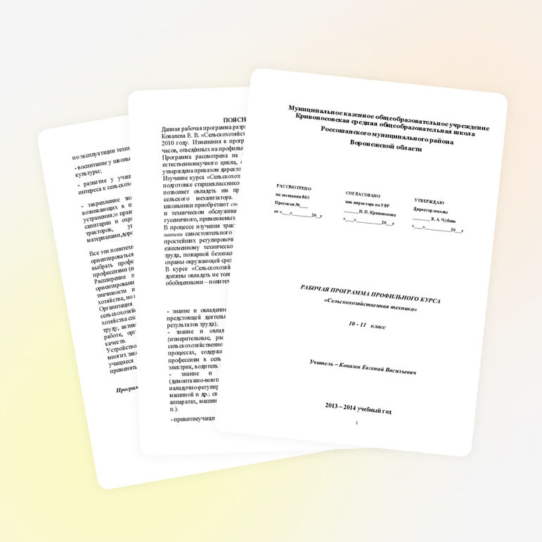 Рабочая программа профильного курса по технологии для 10-11 классов по теме «Сельскохозяйственная техника»