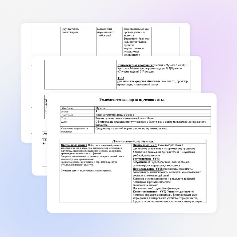 Технологическая карта изучения темы: "Второе путешествие в музыкальный театр. Балет" 5 класс